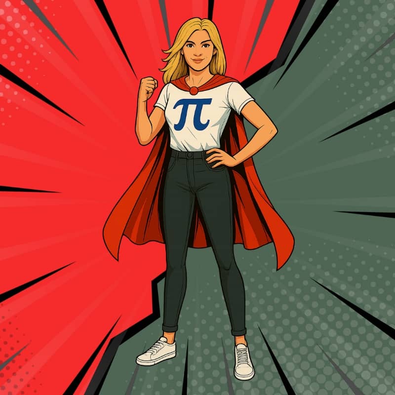 Ilustracja Codessy z BelferLeague – nauczycielka matematyki jako superbohaterka w czerwonej pelerynie